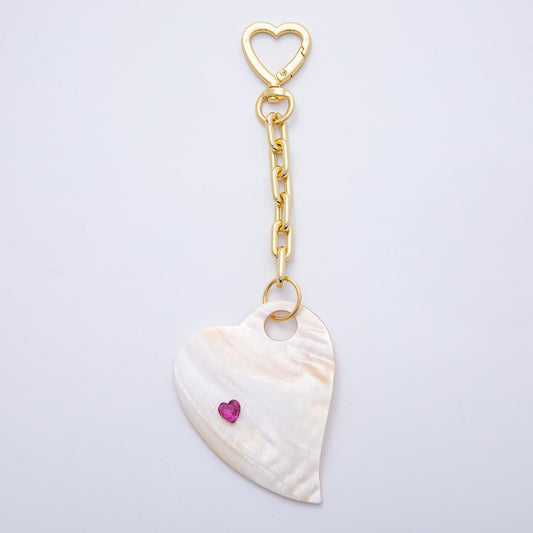 Iridescent Mother of Pearl Heart Bag Charm, Gold Heart Clasp Keychain with Large Shell Pendant, Aesthetic Purse Accessory | WB-00289