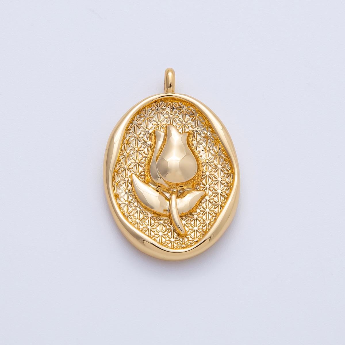 18K gold filled 27mm tulip flower molten oval charm vintage style medallion necklace DIY Jewelry Supply for custom necklace | AK-150