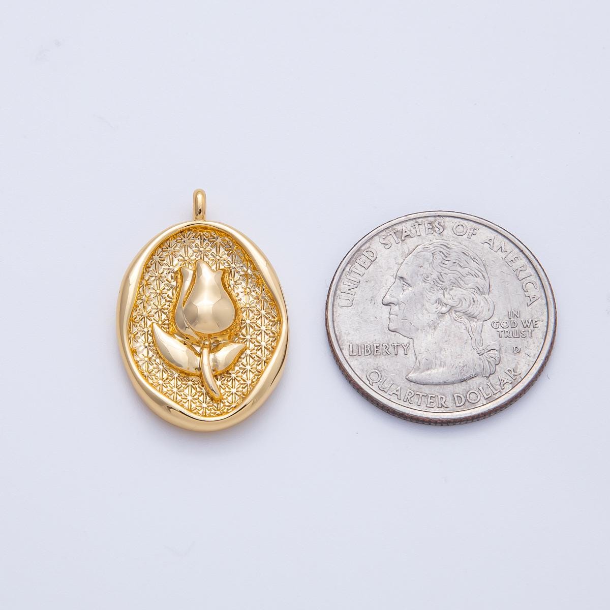 18K gold filled 27mm tulip flower molten oval charm vintage style medallion necklace DIY Jewelry Supply for custom necklace | AK-150