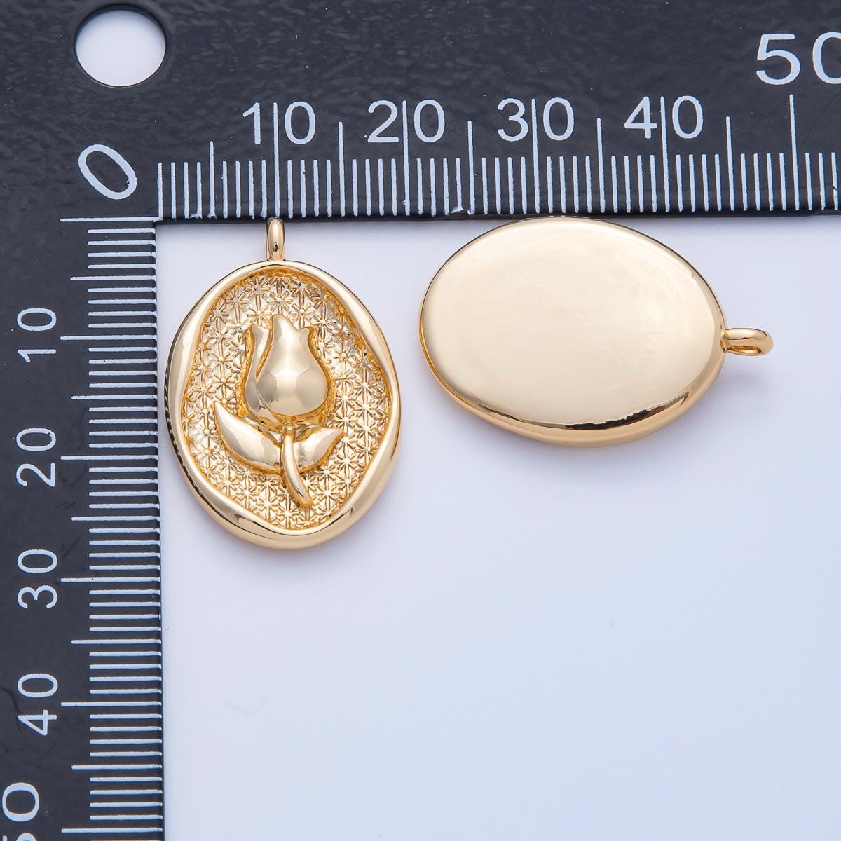 18K gold filled 27mm tulip flower molten oval charm vintage style medallion necklace DIY Jewelry Supply for custom necklace | AK-150