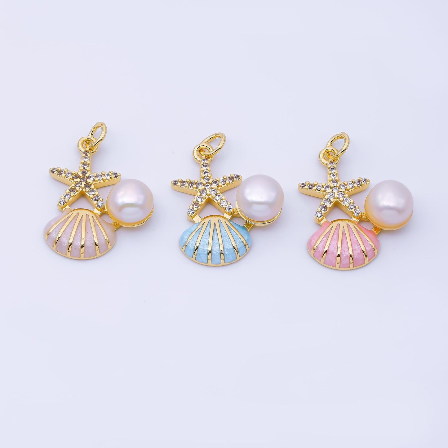 Dainty 24k Gold Filled Starfish & Pearl Enamel Seashell Charm 22.8mm Ocean Beach Jewelry Making Supply Summer Vacation Accessory | AF1588