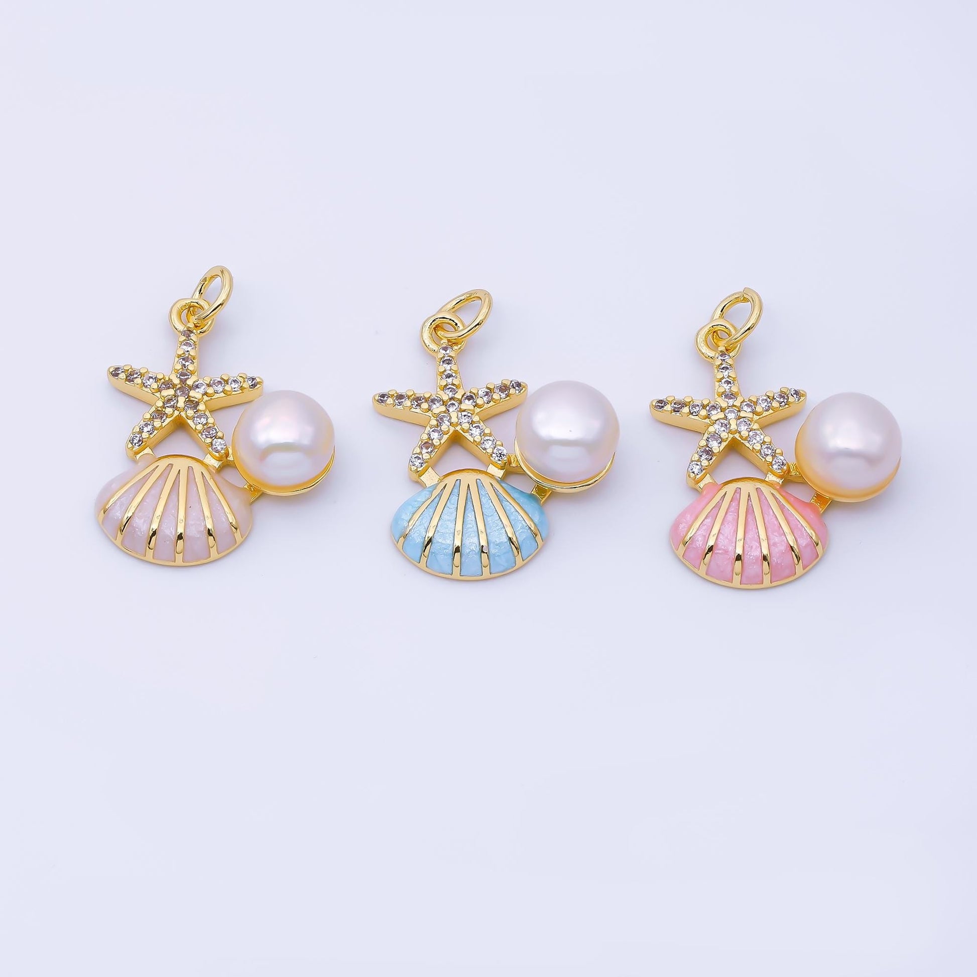 Dainty 24k Gold Filled Starfish & Pearl Enamel Seashell Charm 22.8mm Ocean Beach Jewelry Making Supply Summer Vacation Accessory | AF1588