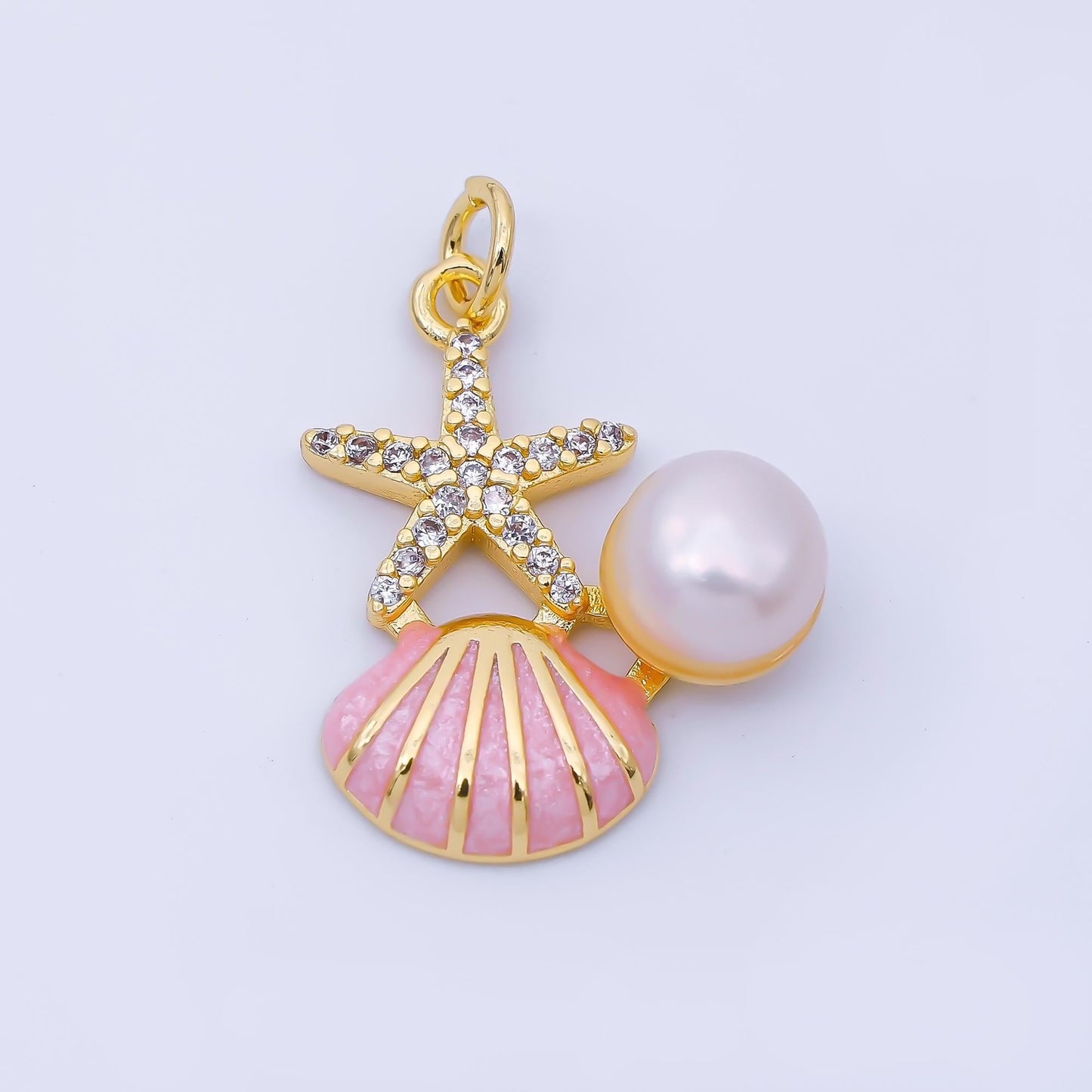 Dainty 24k Gold Filled Starfish & Pearl Enamel Seashell Charm 22.8mm Ocean Beach Jewelry Making Supply Summer Vacation Accessory | AF1588