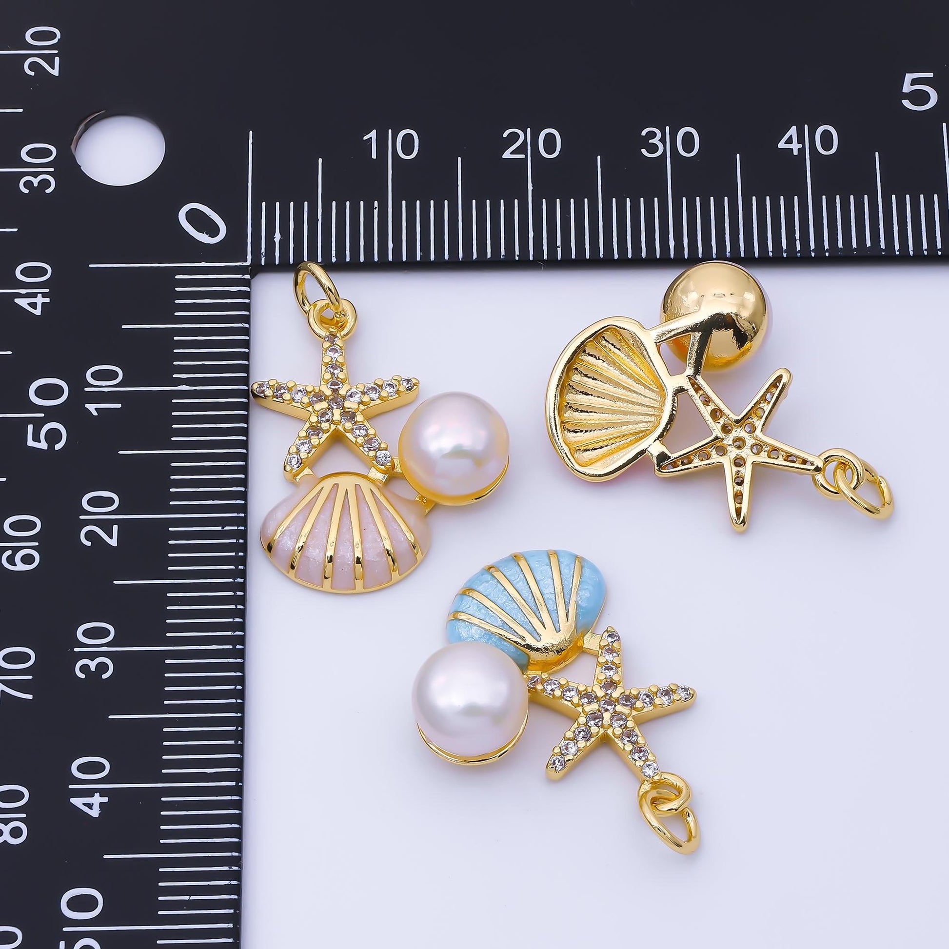 Dainty 24k Gold Filled Starfish & Pearl Enamel Seashell Charm 22.8mm Ocean Beach Jewelry Making Supply Summer Vacation Accessory | AF1588