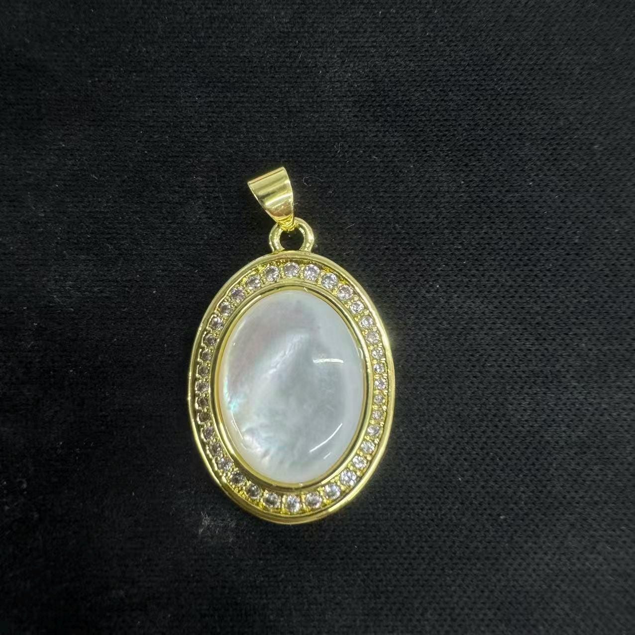 Gold frame pearly white Oval pendant, 14k gold filled shell pearl medallion charm | AA-1689