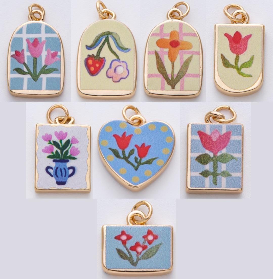 18k Gold Filled Flower Charm Hand Painted Enamel DIY Jewelry Supply for Custom Necklace | AF1595