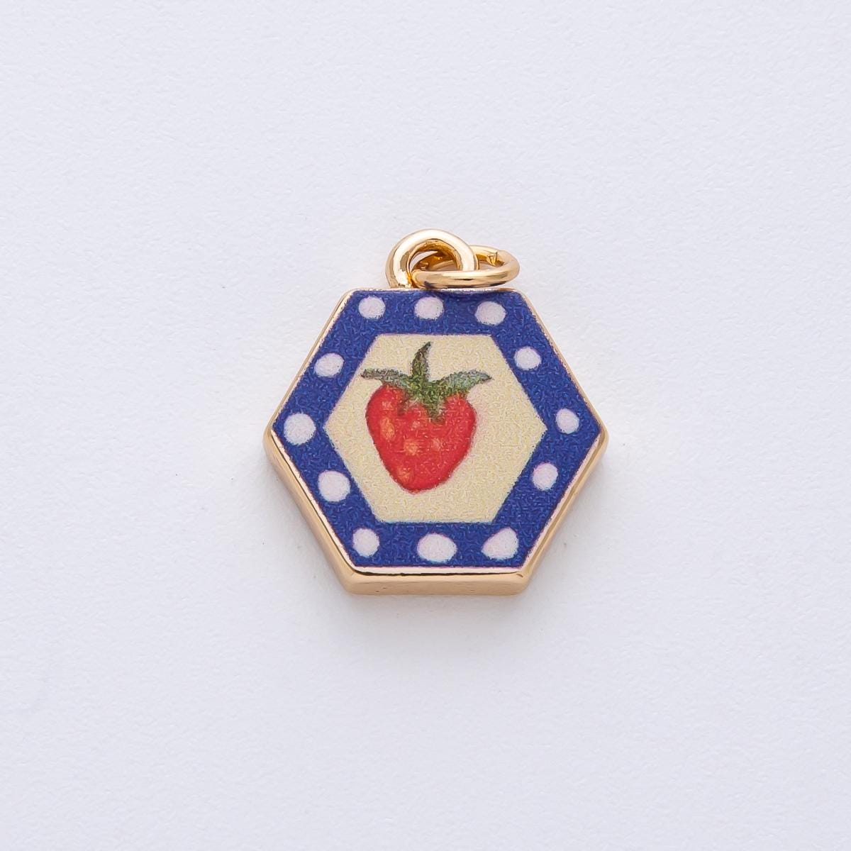 18k Gold Filled 17.4mm Strawberry Hexagon Charm Hand Painted Enamel Geometric Shape DIY Jewelry Supply Custom Necklace & Bracelet | AF1603