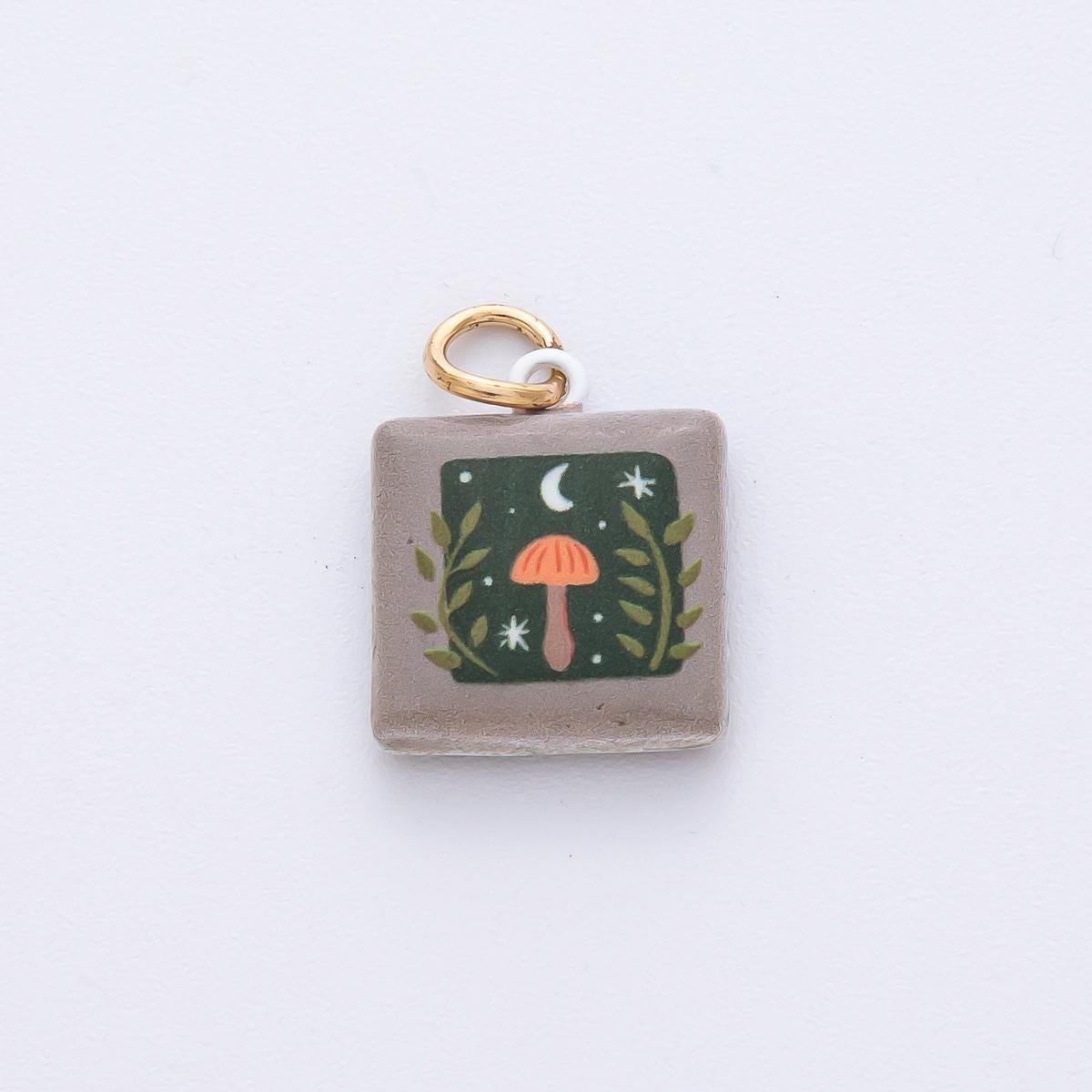 17.8mm Square Ceramic Charm Mushroom in the Night 18k Pendant DIY Jewelry Supply for Custom Necklace and Bracelet | AF1618