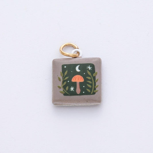 17.8mm Square Ceramic Charm Mushroom in the Night 18k Pendant DIY Jewelry Supply for Custom Necklace and Bracelet | AF1618