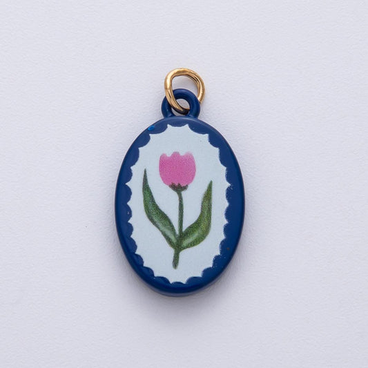23.2mm Dainty Floral Ceramic Charm Handmade Pink and Blue Flower Painting DIY Jewelry Making Supply for Custom Necklace & Bracelet | AF1624