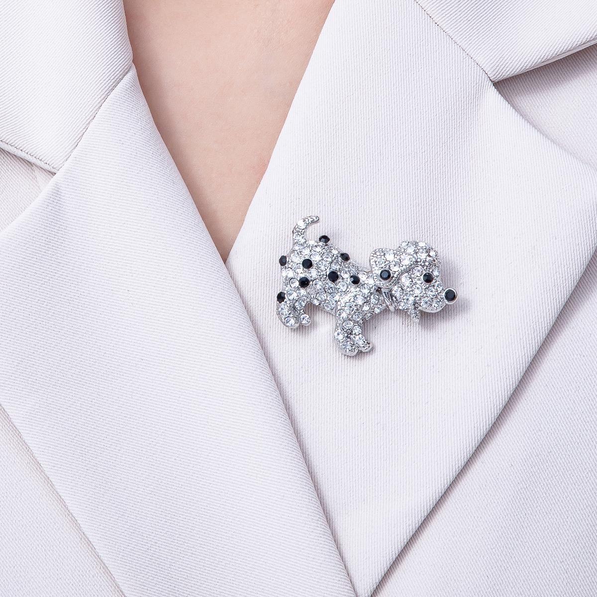 40mm Cute Silver Clear Rhinestone CZ Puppy Dog Brooch Pin Beagle Lab Animal Vintage Piece for Coats Bags Scarves Jewelry Accessory | BH-015