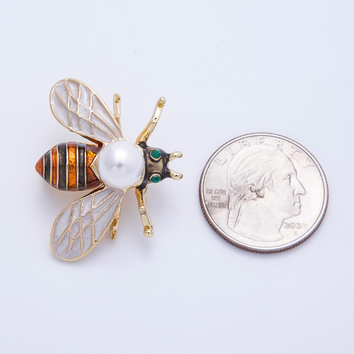 18K Gold Filled Bee Brooch with Pearl & Painted Enamel 34mm Insect Jewelry Unique Lapel Pin Accessory Gift for Her Vintage Style | BH018