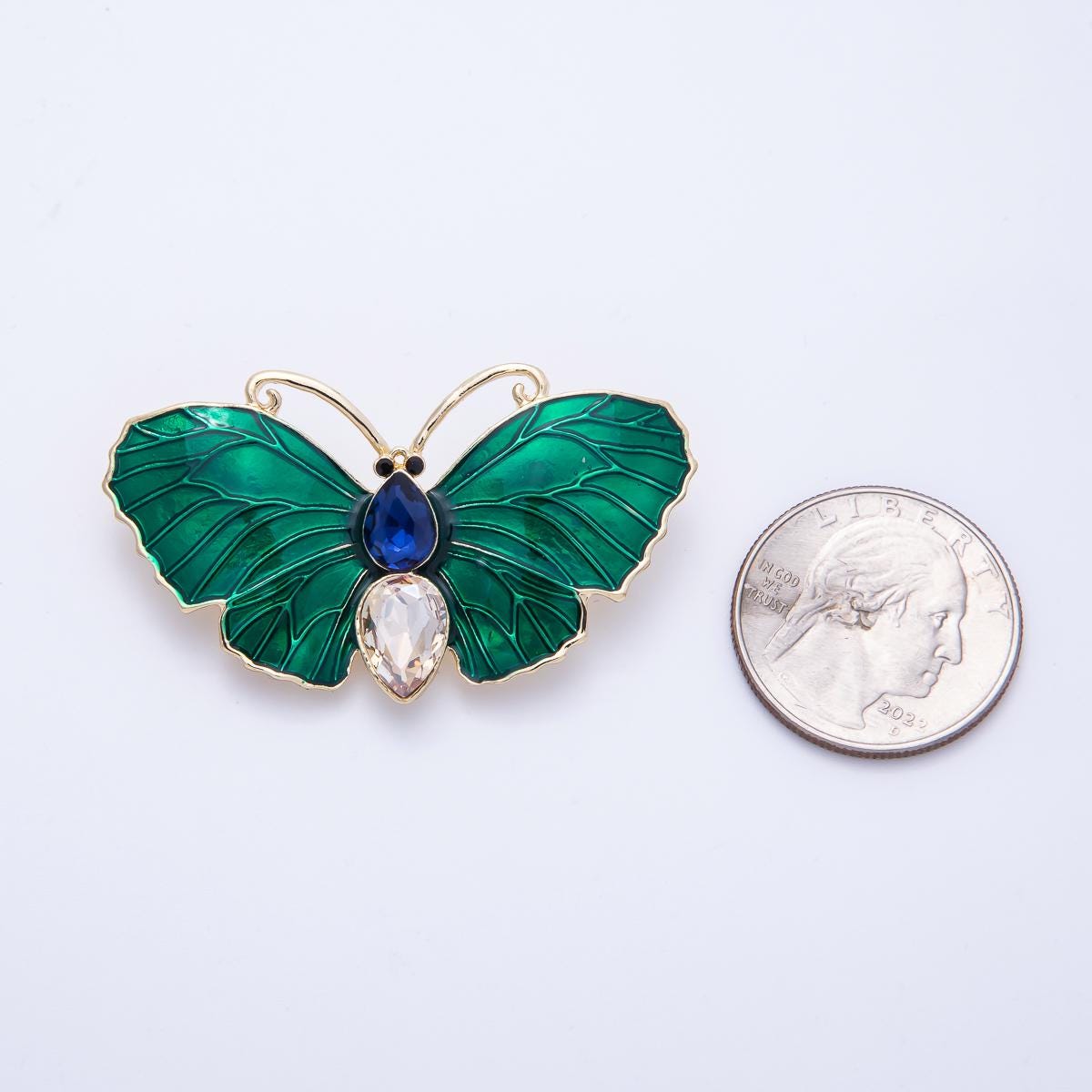 49.3mm Green Butterfly Brooch Blue and Clear Rhinestone Insect Pin Unique Accessory Gift for Her Vintage Style | BH-019