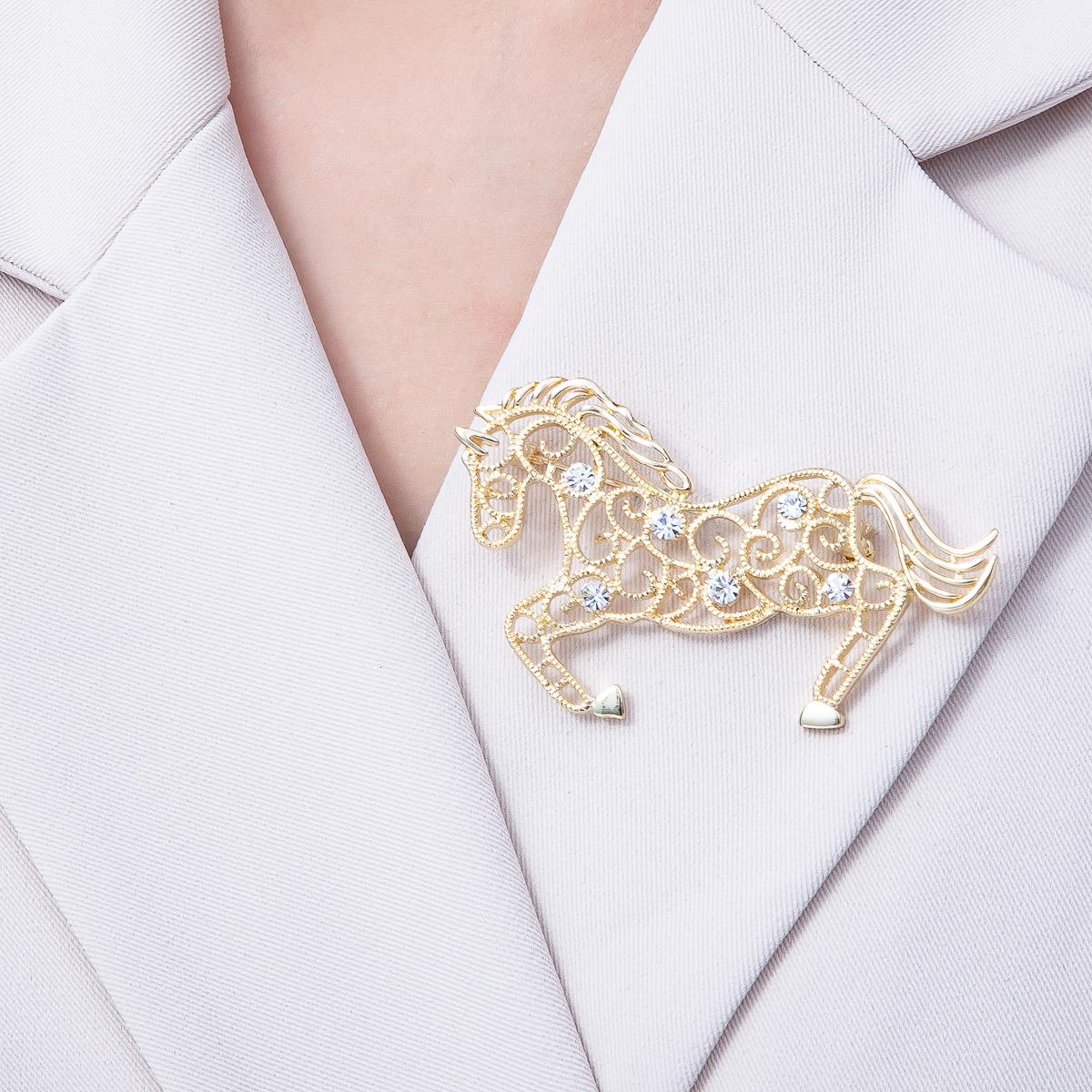70.2mm Gold Filigree Horse Brooch with Clear Rhinestones Equestrian Jewelry Gift for Her Vintage Style Animal Lapel Pin | BH021