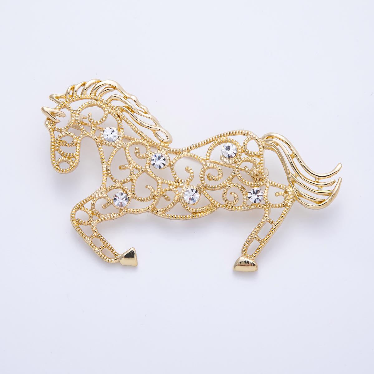 70.2mm Gold Filigree Horse Brooch with Clear Rhinestones Equestrian Jewelry Gift for Her Vintage Style Animal Lapel Pin | BH021