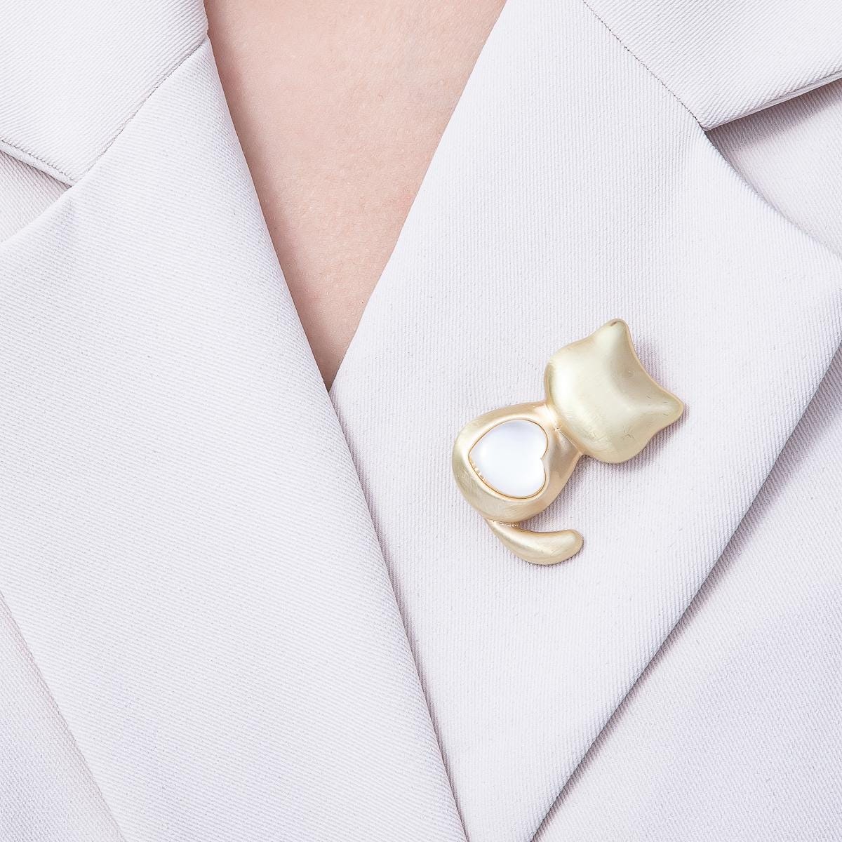 Matte Gold Cat Brooch Pin with White Heart Cutout Unique Cat Lover Accessory gift Statement piece for Coats Bags Scarves | BH-038