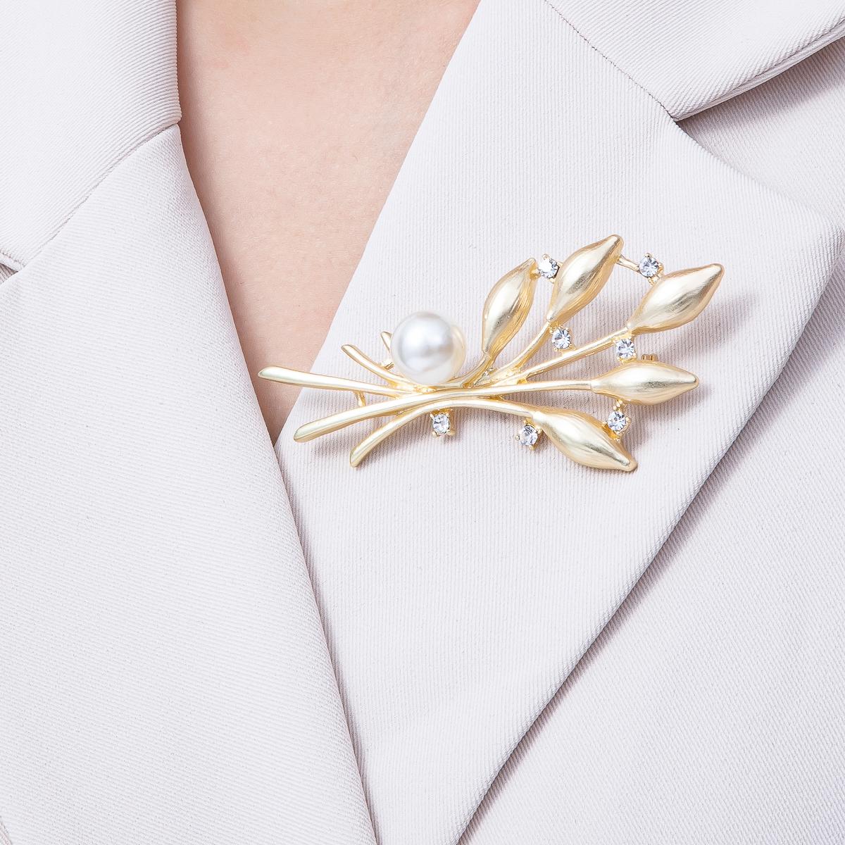 75.4mm Gold Leaf Brooch with Faux Pearl and Rhinestones Elegant Lapel Pin Nature lover gift for her Accessory for Coat Bags Scarves | BH-029
