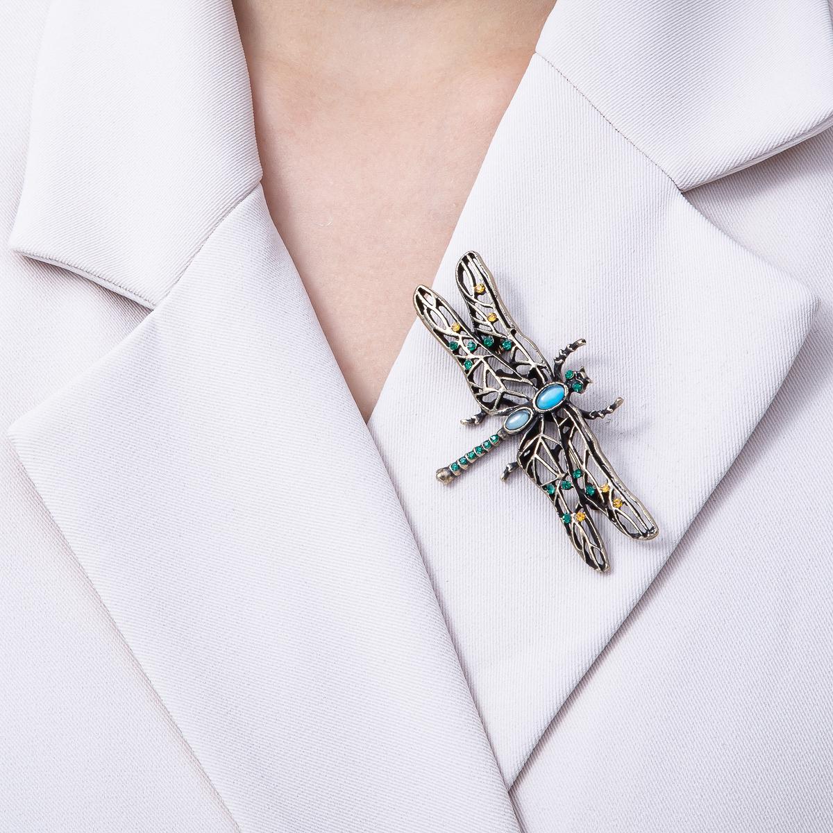71mm Vintage Style Dragonfly Brooch with Blue Green Rhinestone and Cabochon Jewelry Accessory for Coats Bags and Scarves | BH-028