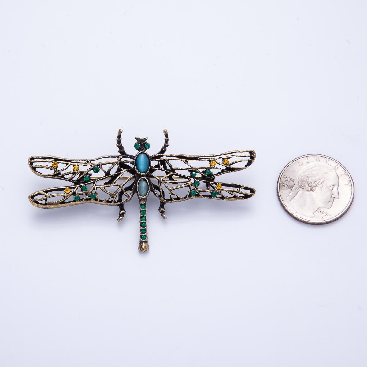 71mm Vintage Style Dragonfly Brooch with Blue Green Rhinestone and Cabochon Jewelry Accessory for Coats Bags and Scarves | BH-028