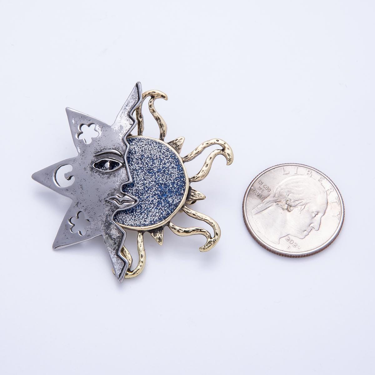 Mix Metal Sun and Moon Brooch Pin – Celestial Face WPin, Vintage Inspired Silver Gold Statement Brooch BH-087