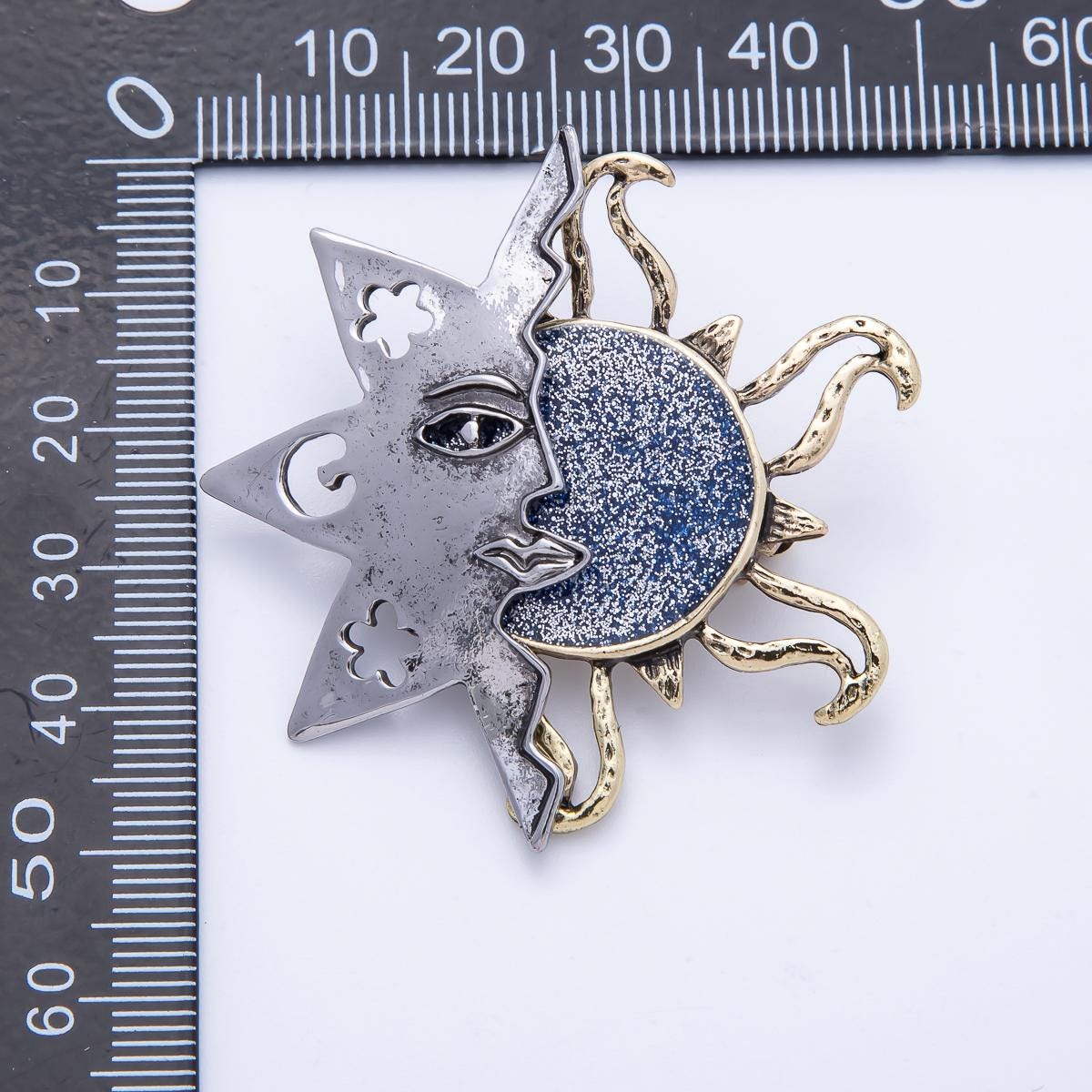 Mix Metal Sun and Moon Brooch Pin – Celestial Face WPin, Vintage Inspired Silver Gold Statement Brooch BH-087