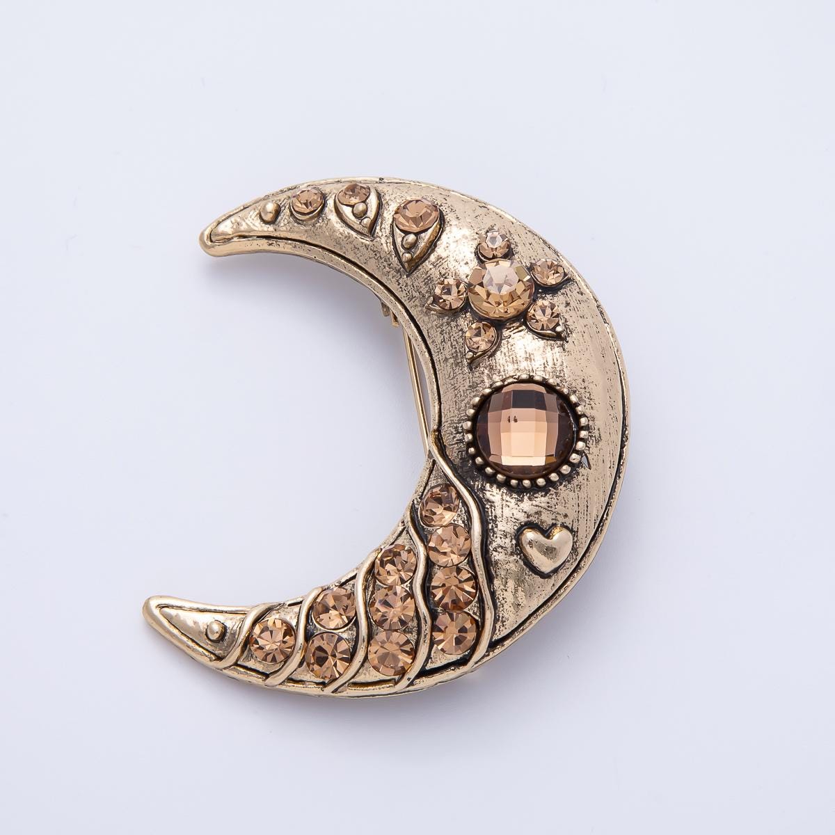 Big Antique Gold Crescent Moon Brooch Pin Vintage Celestial Lapel Pin Statement Brooch With Rose Gold Crystal Rhinestone BH-081