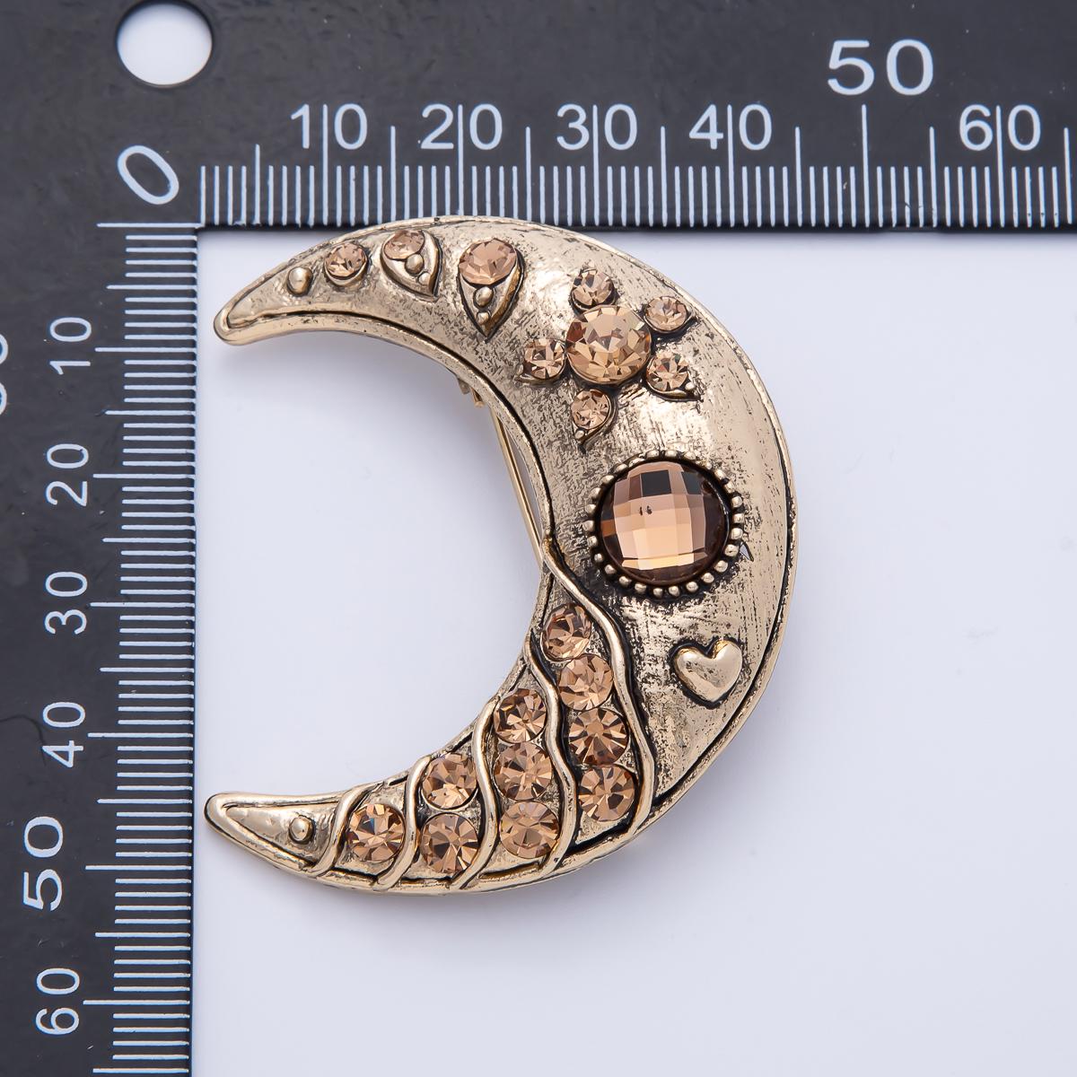 Big Antique Gold Crescent Moon Brooch Pin Vintage Celestial Lapel Pin Statement Brooch With Rose Gold Crystal Rhinestone BH-081
