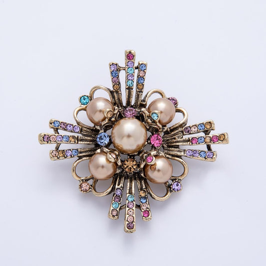 Antique Gold Brooch Vintage Multicolor Rhinestone Statement Pin
