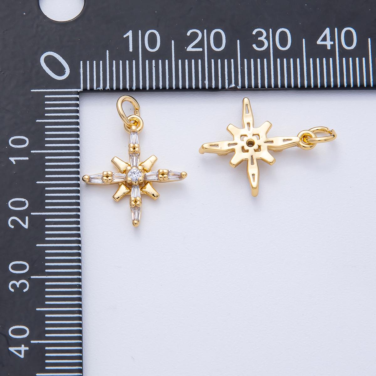 18K Gold Filled 18mm Clear Baguette CZ Compass North Star Charm Celestial Jewelry Making Supply Dainty Compass Rose | AK-177