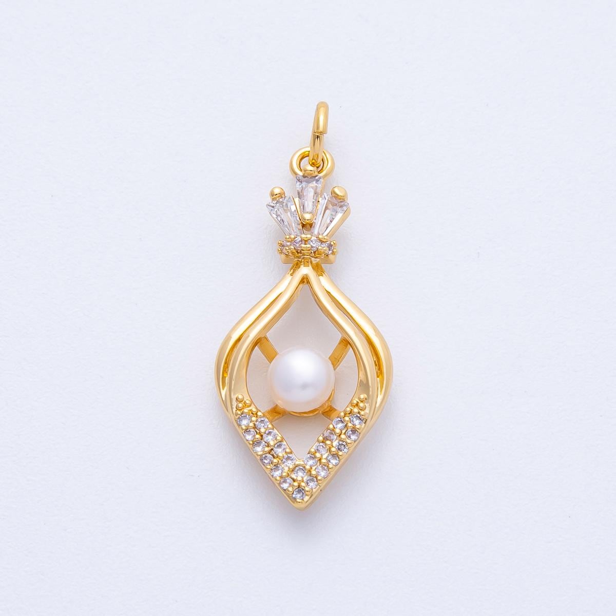 18K Gold Filled 29mm Geometric Shell Pearl Micro Paved CZ Baguette Sphere Charm Dainty Minimalist Pendant DIY Jewelry Making Supply | AK204