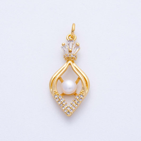 18K Gold Filled 29mm Geometric Shell Pearl Micro Paved CZ Baguette Sphere Charm Dainty Minimalist Pendant DIY Jewelry Making Supply | AK204