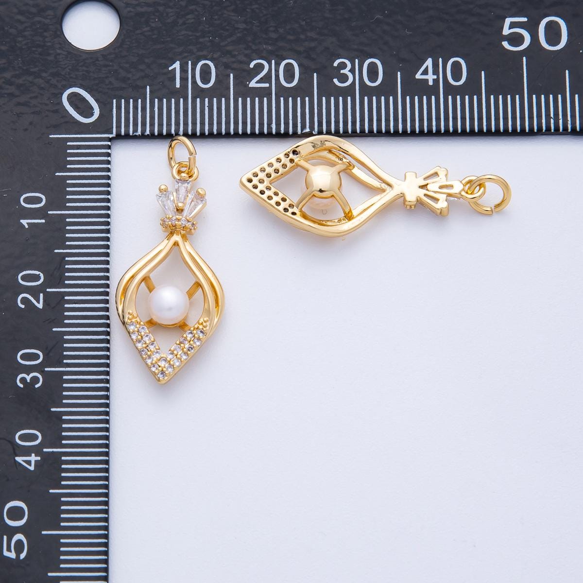 18K Gold Filled 29mm Geometric Shell Pearl Micro Paved CZ Baguette Sphere Charm Dainty Minimalist Pendant DIY Jewelry Making Supply | AK204