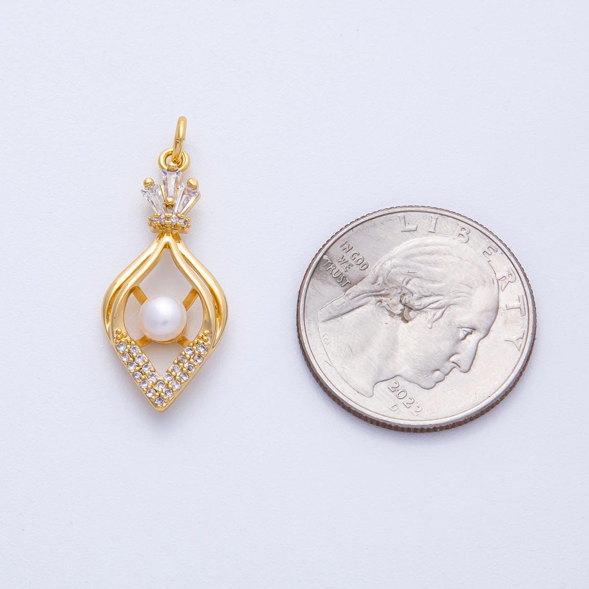 18K Gold Filled 29mm Geometric Shell Pearl Micro Paved CZ Baguette Sphere Charm Dainty Minimalist Pendant DIY Jewelry Making Supply | AK204
