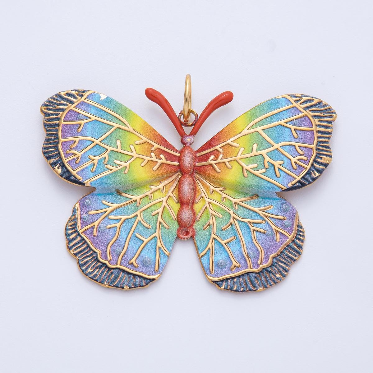 Stainless Steel 42mm Multicolor Rainbow Gradient Enamel Butterfly Animal Charm Colorful Statement Jewelry Nature Lover Gift | J-606
