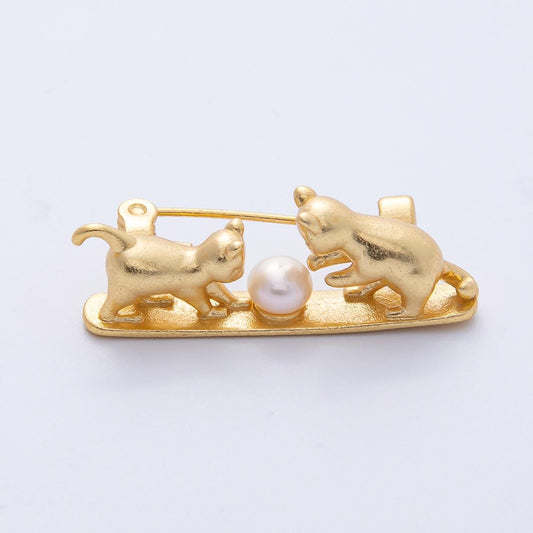 Gold 35.7mm Pearl Two Kitten Cats Pet Playing Animal Pin Brooch Cat Lover Gift Gold Tone Accessory for Coats Bags Scarves | BH-012