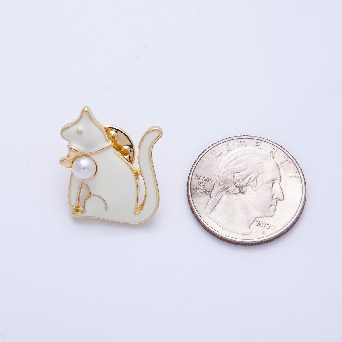 Gold White Acrylic Pearl Enamel Cat Kitten Pet Pin Brooch Playful Faux Pearl Accessory Cat Lover Gift for Her | BH-047