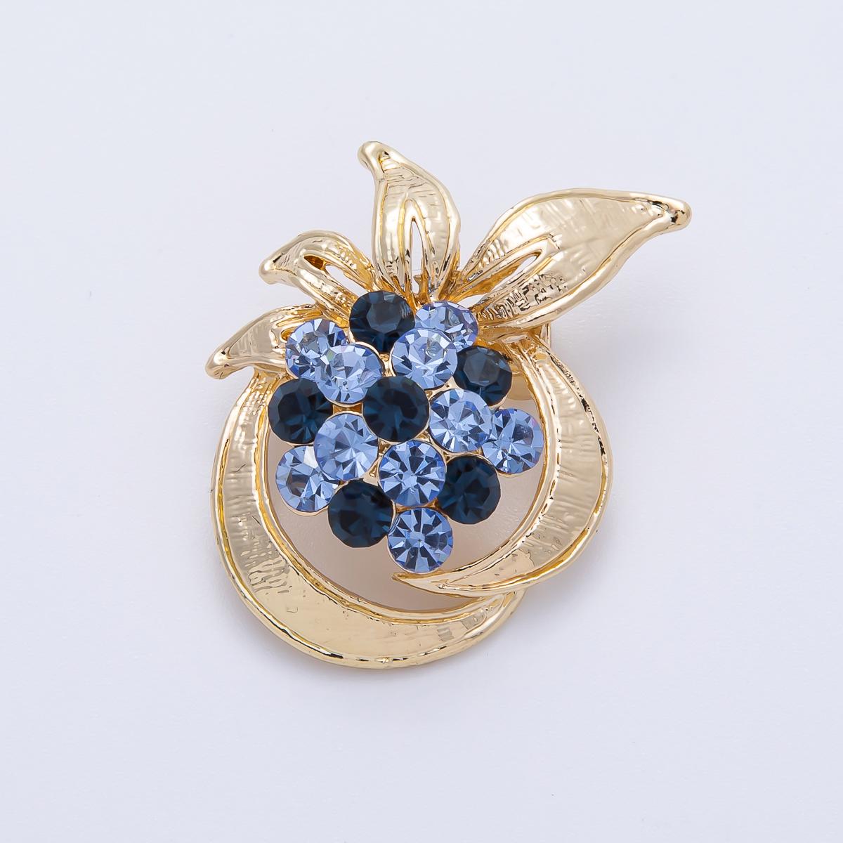 Gold Blue Rhinestone Circular Leaf Nature Pin Brooch Cluster Jewelry Nature Accessory Unique Gift for her Coats Scarves Bags | BH-048