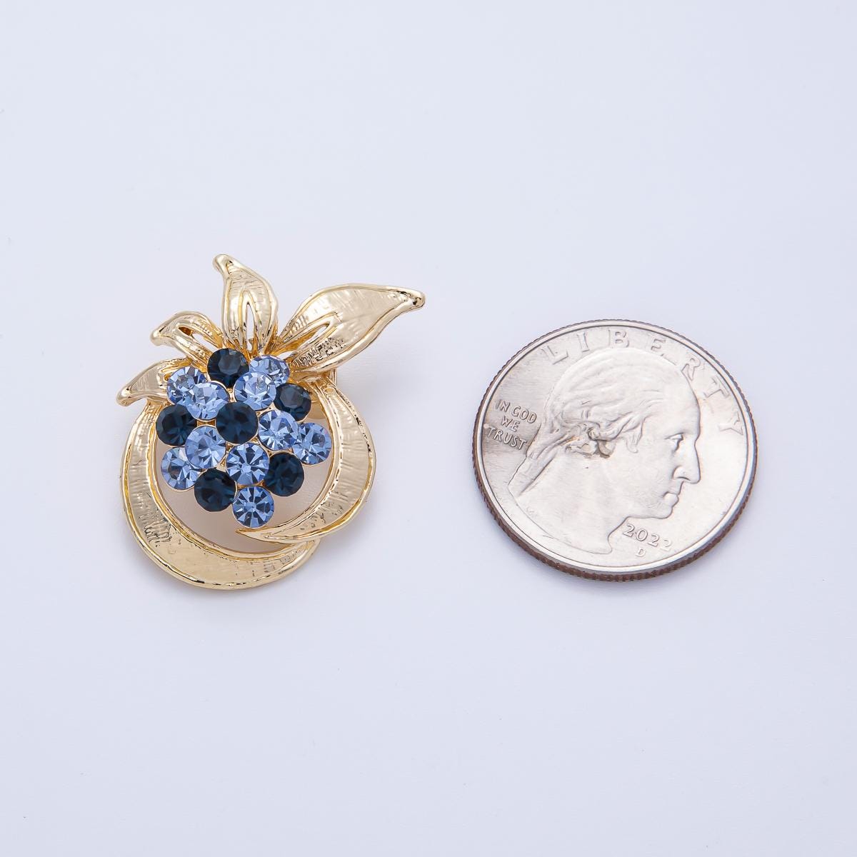 Gold Blue Rhinestone Circular Leaf Nature Pin Brooch Cluster Jewelry Nature Accessory Unique Gift for her Coats Scarves Bags | BH-048
