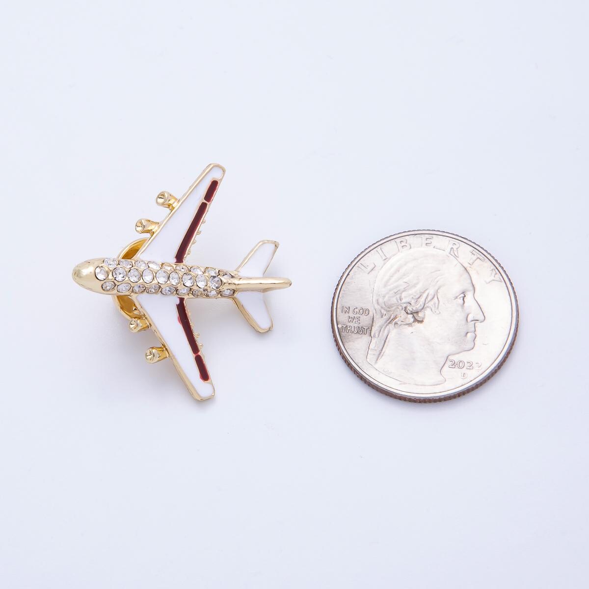 Gold Rhinestone White Enamel Airplane Travel Pin Brooch Crystal Aircraft Travel Jewelry for Coats Bags and Scarves | BH-051