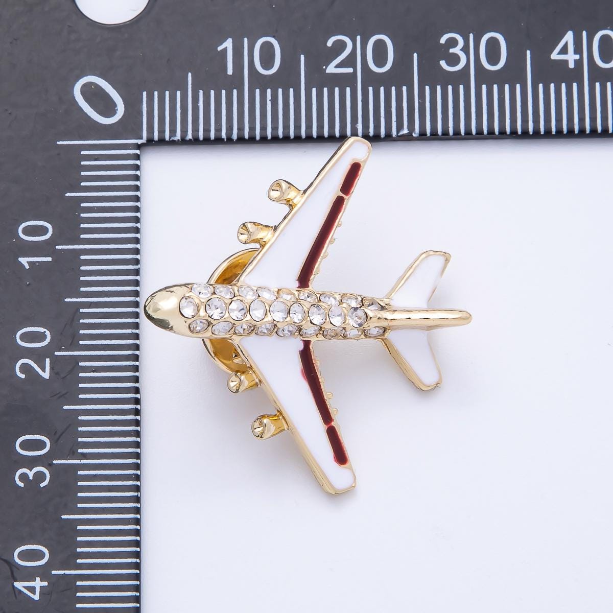 Gold Rhinestone White Enamel Airplane Travel Pin Brooch Crystal Aircraft Travel Jewelry for Coats Bags and Scarves | BH-051