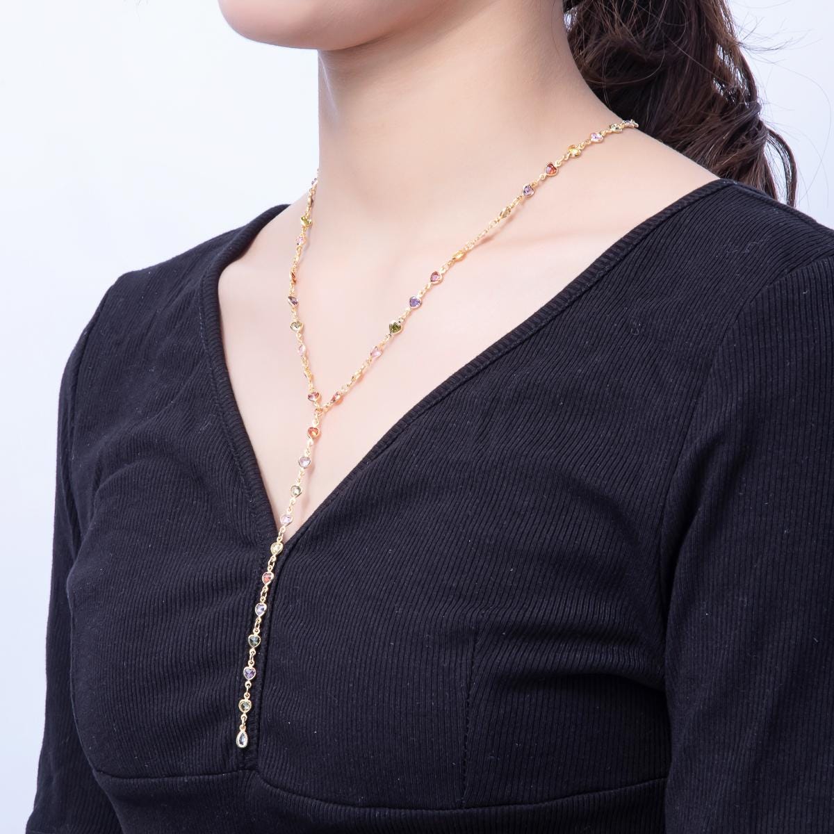 18K Gold Filled Lariat Necklace Clear, Multi Color Heart CZ Necklace, Minimalist Jewelry Long Gold Necklace 17.8 inch for Valentine WA-3967