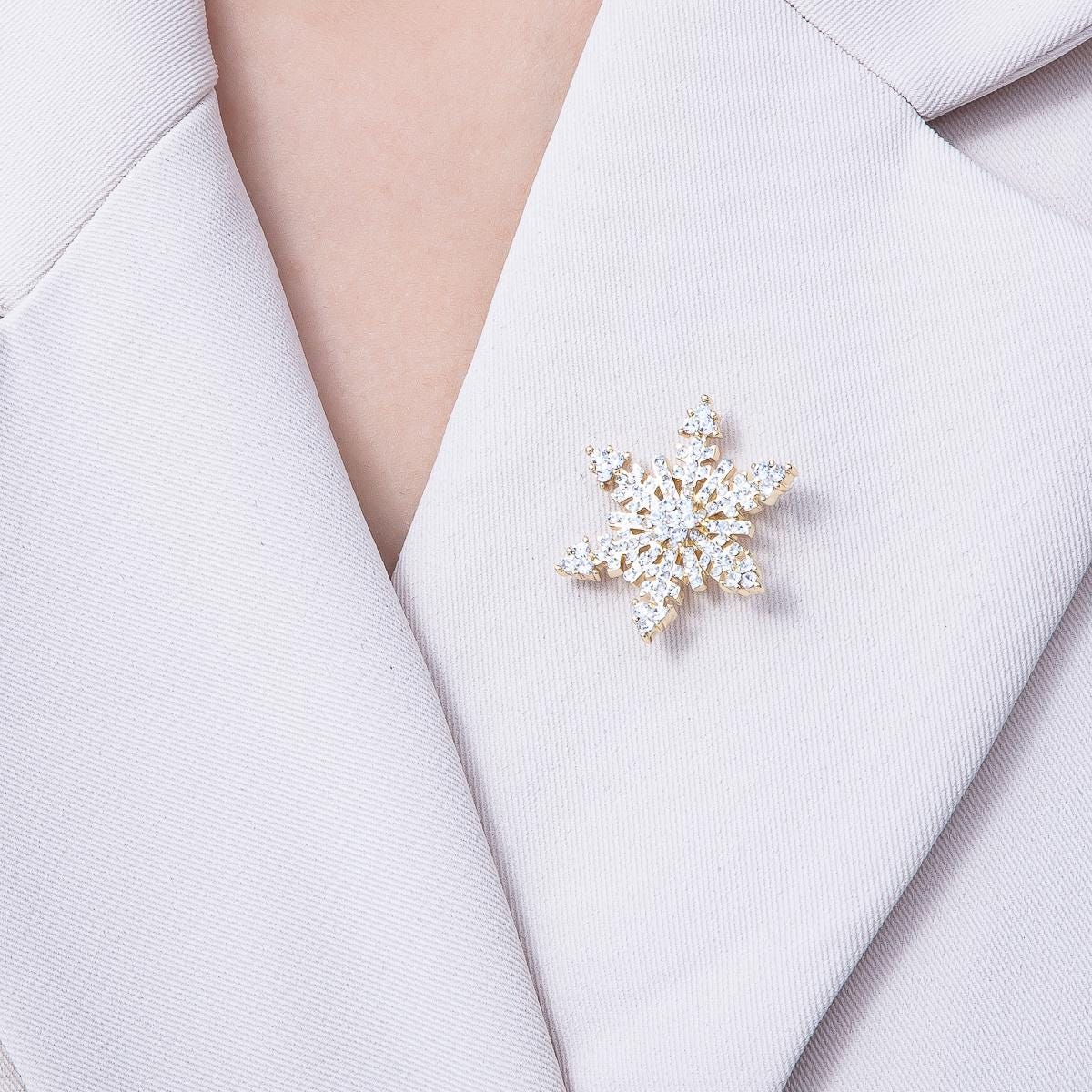 Gold 30mm Rhinestone Winter Snowflakes Pin Brooch Crystal Winter Pin Christmas Accessory Unique Gift for Her for Coats Bags Scarves | BH-052