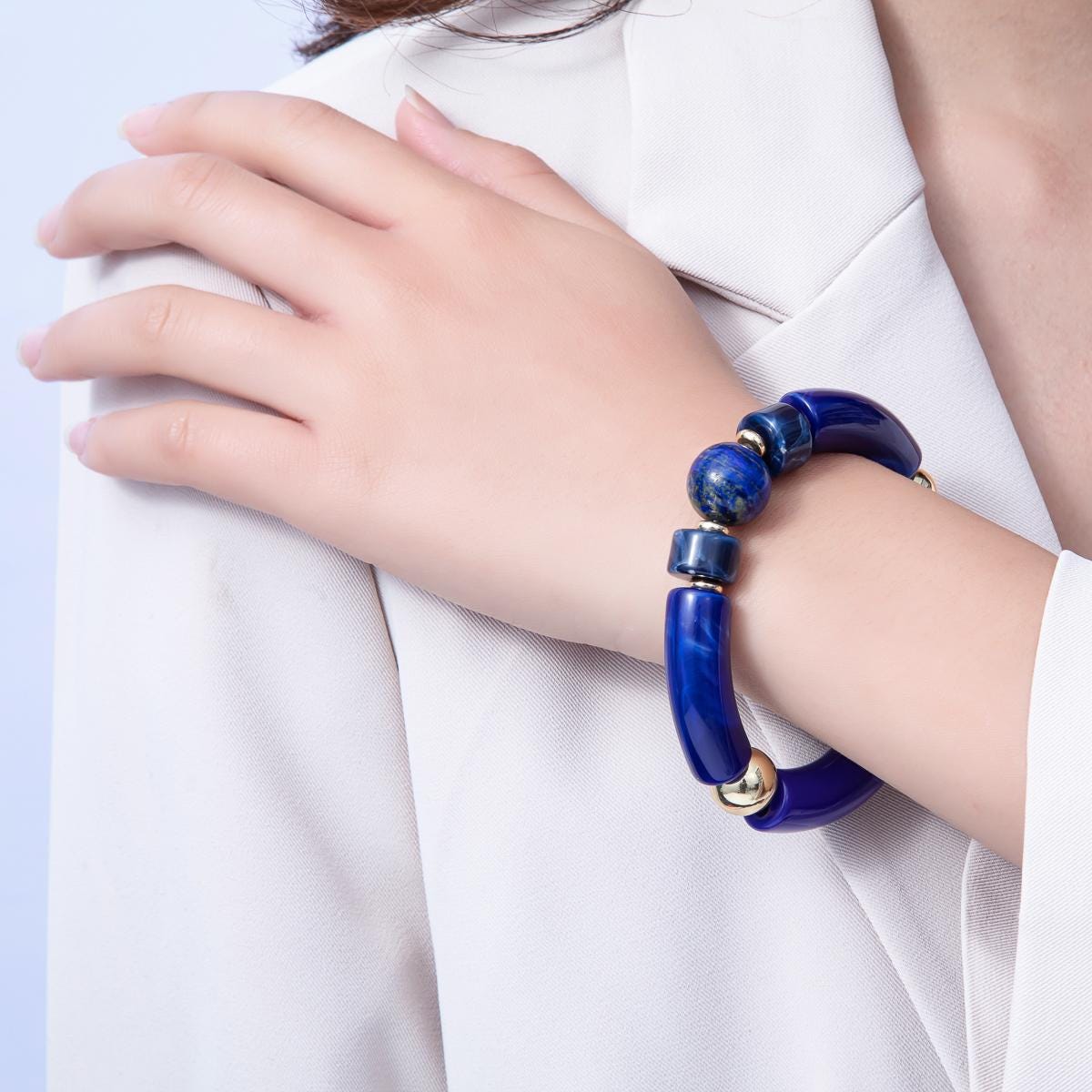 Chunky Resin Blue Beaded Necklace 18K gold filled bracelet for Stackable Jewelry