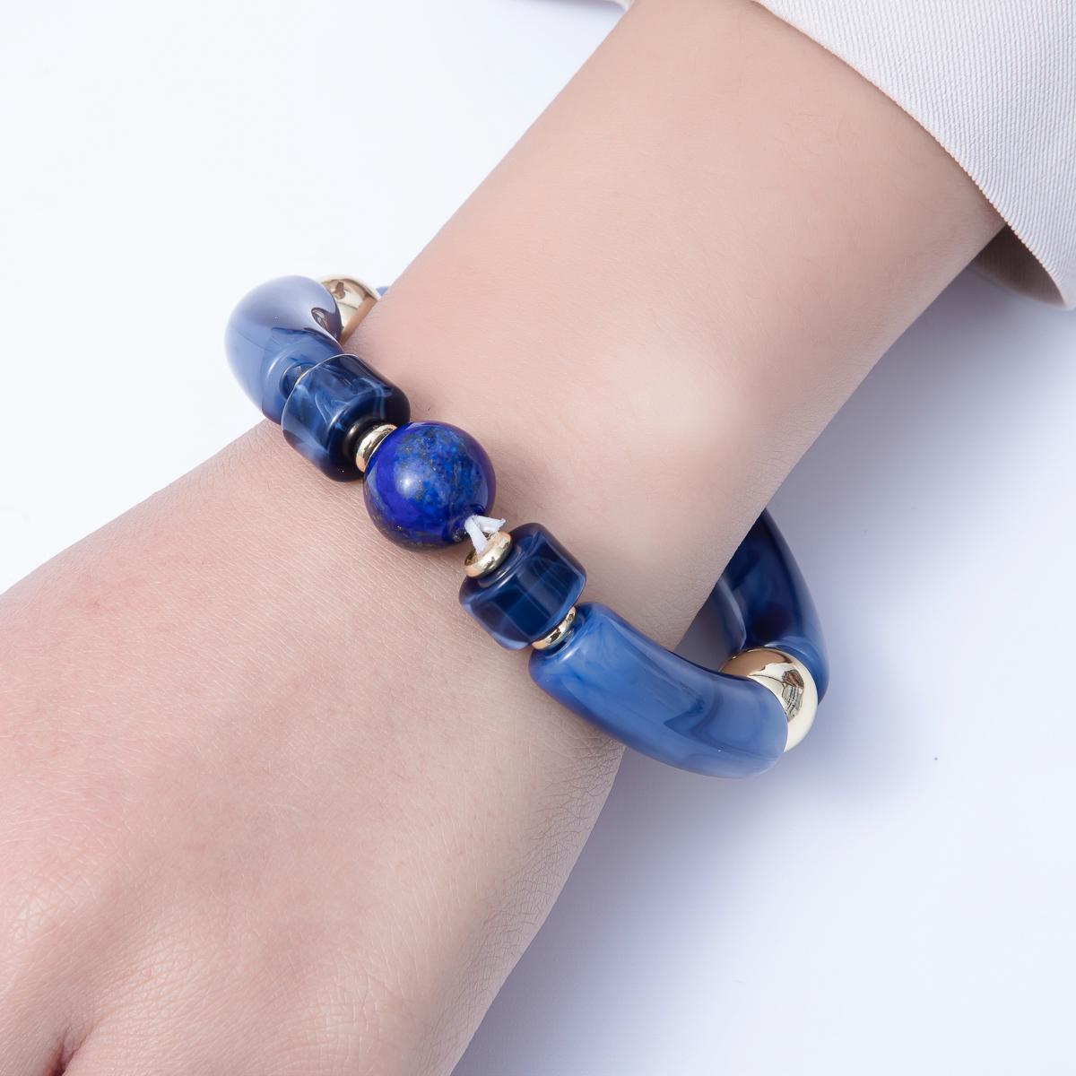 Chunky Resin Blue Beaded Necklace 18K gold filled bracelet for Stackable Jewelry