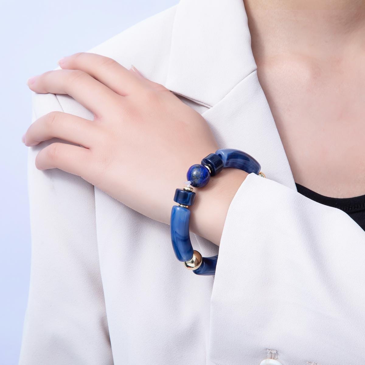 Chunky Resin Blue Beaded Necklace 18K gold filled bracelet for Stackable Jewelry
