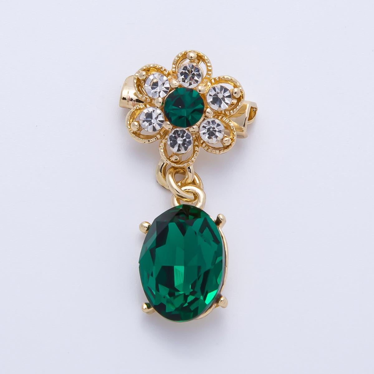 Gold 34.5mm Green Oval Rhinestone Drop Flower Pin Brooch Gold Tone Dangle Bridal Jewelry Statement Wedding Accessory | BH-046