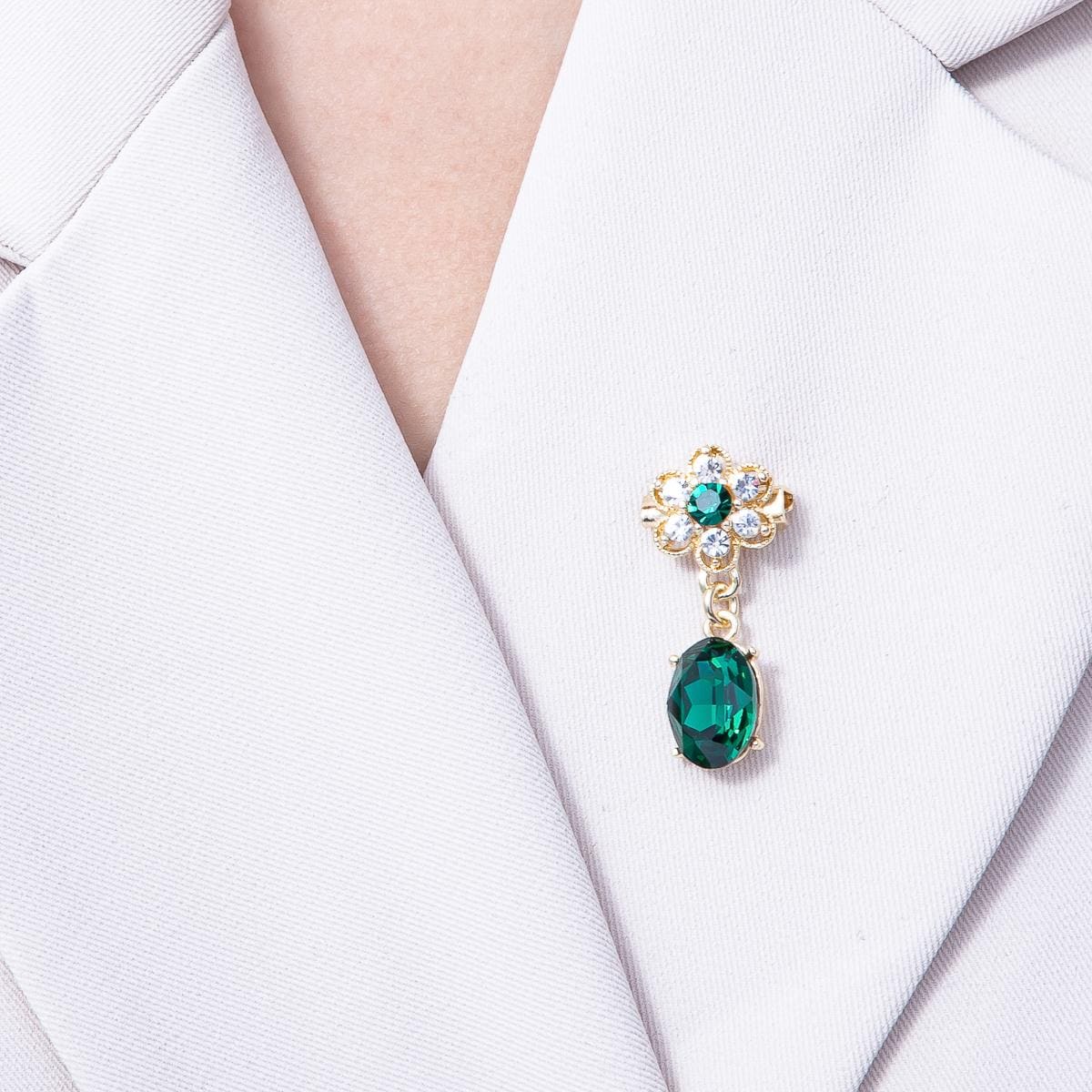 Gold 34.5mm Green Oval Rhinestone Drop Flower Pin Brooch Gold Tone Dangle Bridal Jewelry Statement Wedding Accessory | BH-046