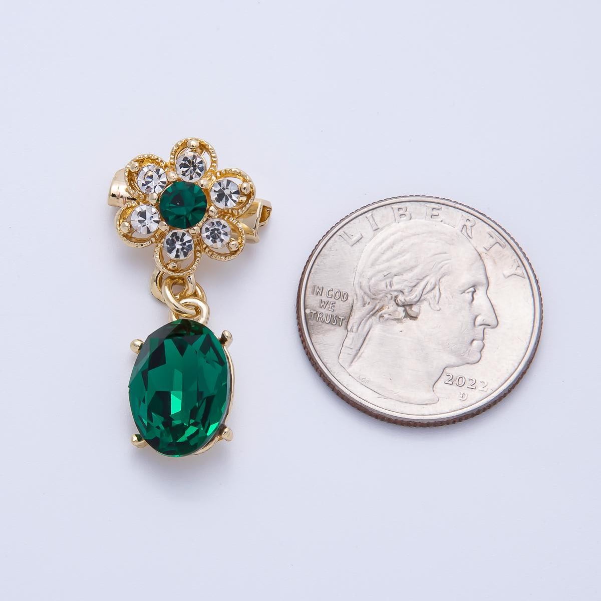 Gold 34.5mm Green Oval Rhinestone Drop Flower Pin Brooch Gold Tone Dangle Bridal Jewelry Statement Wedding Accessory | BH-046