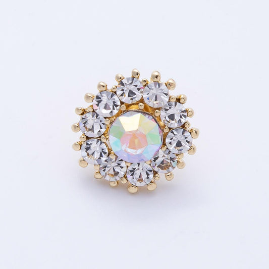 Gold 19mm Light Rhinestone Round Pin Sparkling Aurora Borealis Crystal Flower Brooch Vintage Style Gift for Her Coats Scarves | BH-053