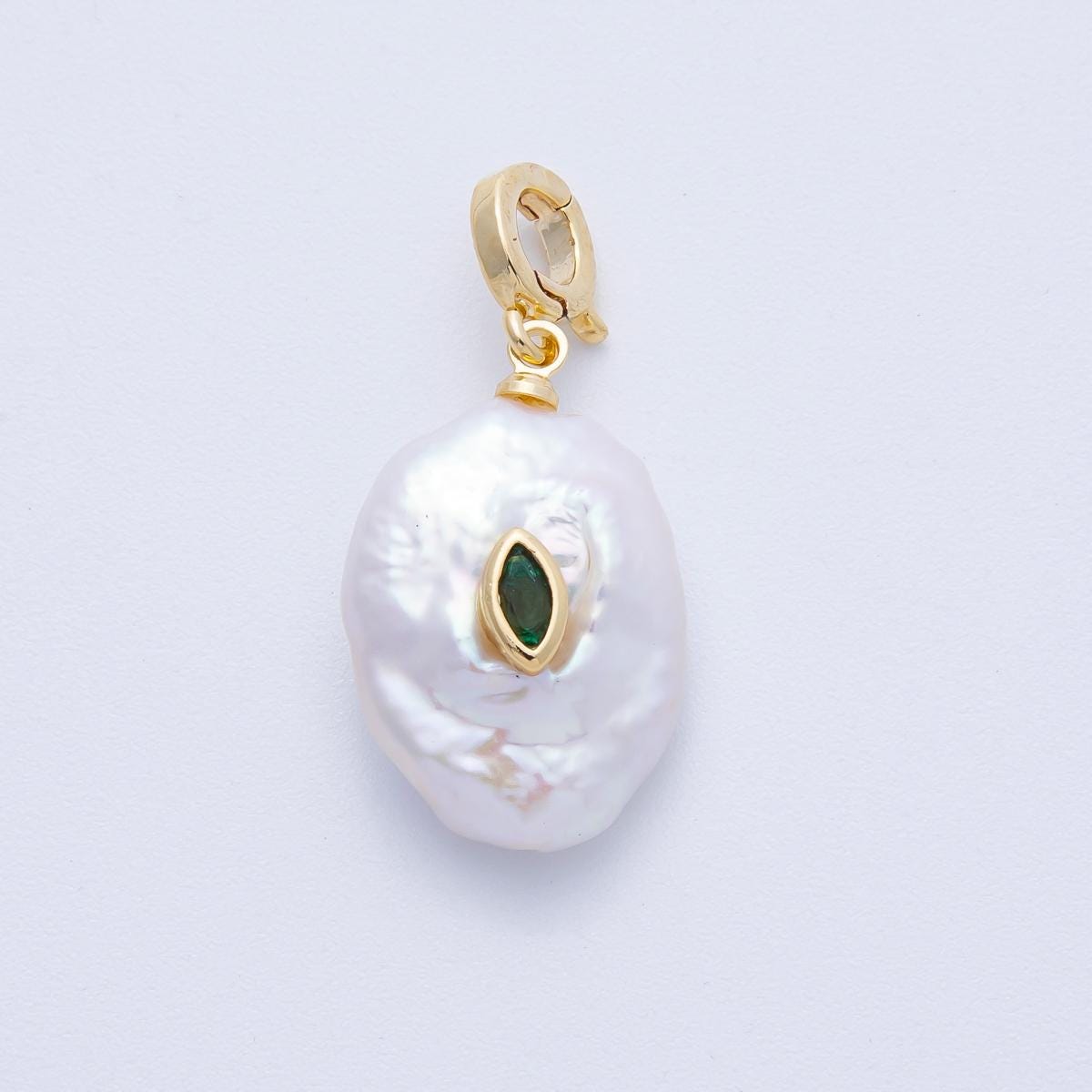 18k Mini White pearl charms With Turquoise Green CZ pendants dainty charm necklace pendant 15 mm pearl drop with bail enhancer | AF-641